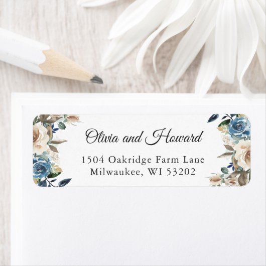 Étiquette Aquarelle bleu foncé Beige Rustique Boho Floral (En situation)