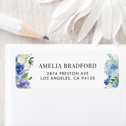 Étiquette Aquarelle bleu Hydrangée Florale (En situation)