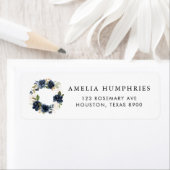 Étiquette Aquarelle bleu marine Floral Wreath Gold Adresse (En situation)