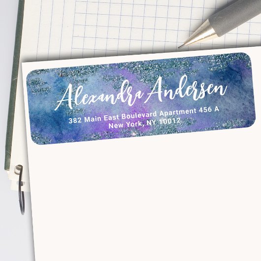 Étiquette Aquarelle bleu pourpre Glitt Adresse de retour