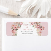 Étiquette Aquarelle bleu rose fleurs boho arche pampas (En situation)