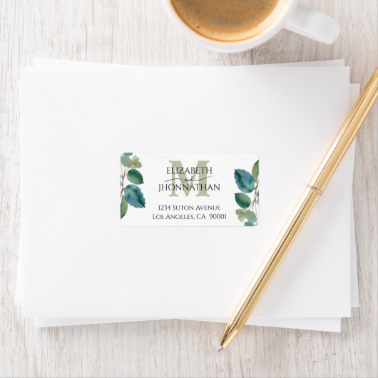 Étiquette Aquarelle bleu vert eucalyptus Monogramme Mariage (En situation)