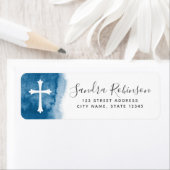Étiquette Aquarelle bleue et communion de baptême croisé (En situation)