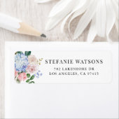 Étiquette Aquarelle Blue Hydrangeas et rose Roses Mariage (En situation)