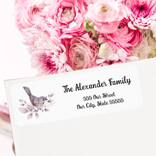 Étiquette Aquarelle Botanique Joli Oiseau et feuillage rose