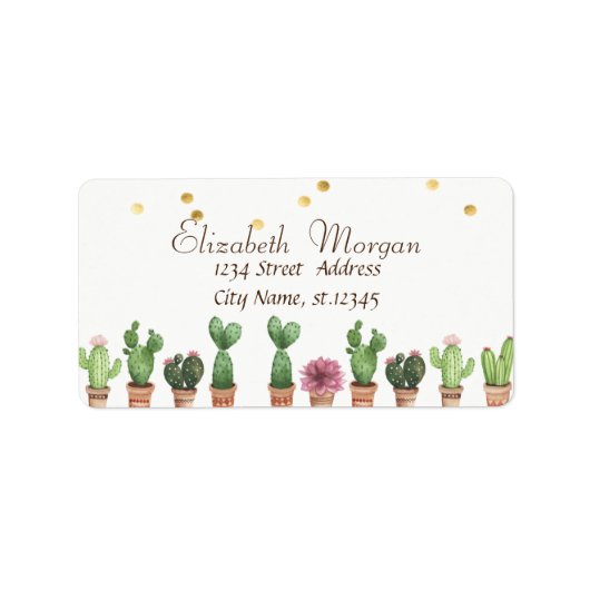Étiquette Aquarelle Cactus, Faux Gold Foil Confetti (Devant)