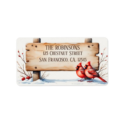 Étiquette Aquarelle Cardinaux d'hiver avec panneau en bois (Devant)