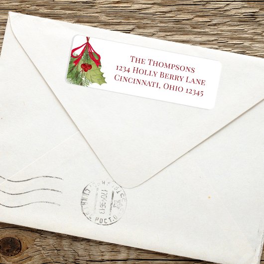 Étiquette Aquarelle de Noël Rouge Holly Berry Vert