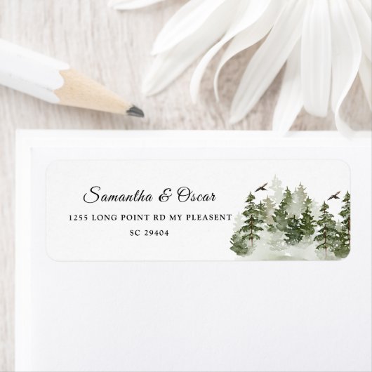 Étiquette Aquarelle d'hiver moderne Forêt verte avec neige (En situation)