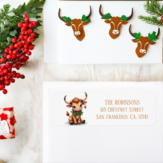 Étiquette Aquarelle d'hiver Texas Longhorn Calf Garland