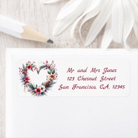 Étiquette Aquarelle en forme de coeur, couronne florale - No (En situation)