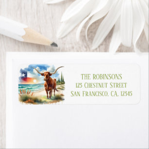 Étiquette Aquarelle estivale Texas Long Horn