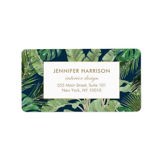 Étiquette Aquarelle Feuille tropical Motif sur bleu foncé (Devant)