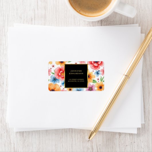 Étiquette Aquarelle fleurs or noir adresse de retour (En situation)