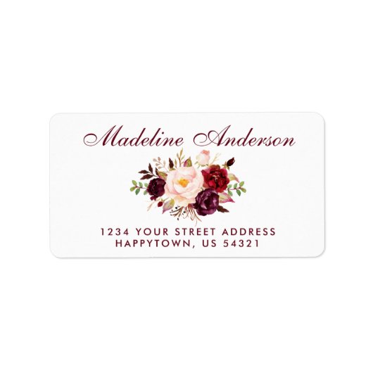 Étiquette Aquarelle Floral Bourgogne Adresse Script (Devant)