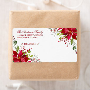 Étiquette Aquarelle Floral Poinsettia Vacances Mailing rouge
