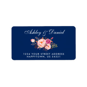 Étiquette Aquarelle Floral Rose Blush Blue Mariage Adresse