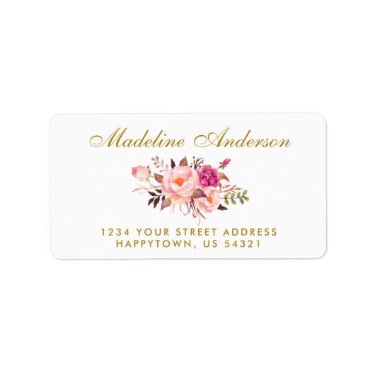 Étiquette Aquarelle Floral Rose Blush Or (Devant)