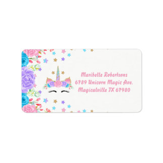 Étiquette Aquarelle Floral Unicorne Adresse personnalisée