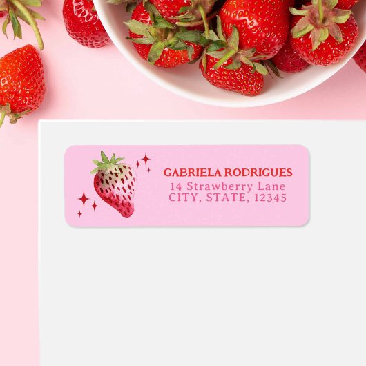 Étiquette Aquarelle fraise rose et rouge