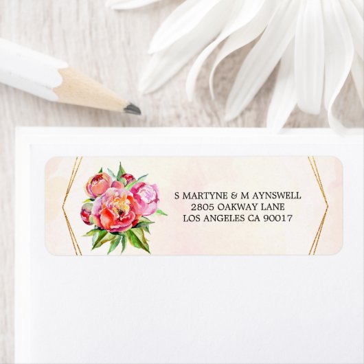 Étiquette Aquarelle géométrique moderne Coral Peony Mariage (En situation)