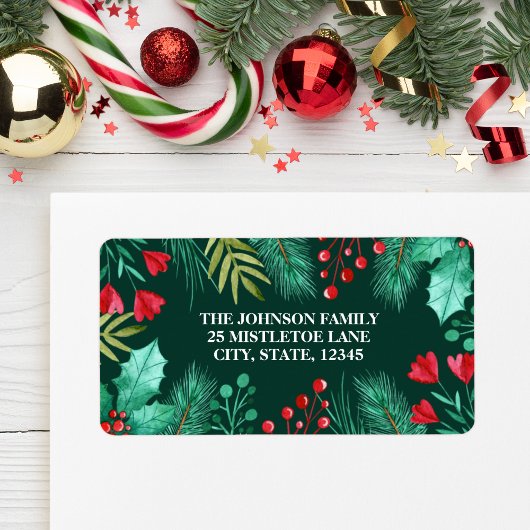 Étiquette Aquarelle Holly, Berries et Feuilles verts