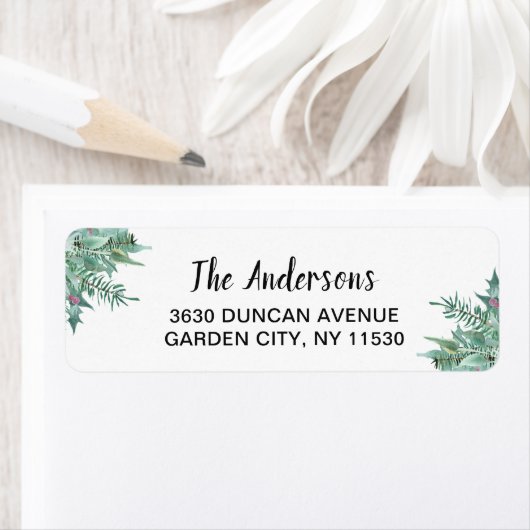 Étiquette Aquarelle Holly Greenery Noël Adresse de retour (En situation)