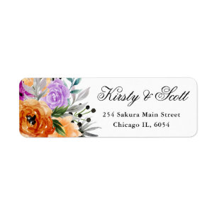 Étiquette Aquarelle Mariage Fleurs Violet Orange Noir