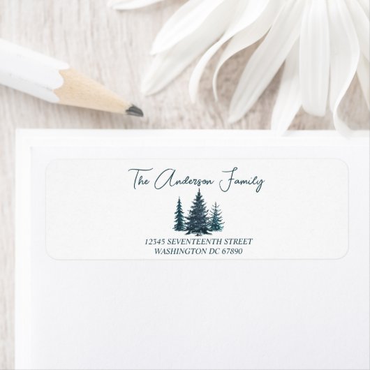 Étiquette Aquarelle Marine Pins Bleus Arbres Joyeux Noël (En situation)