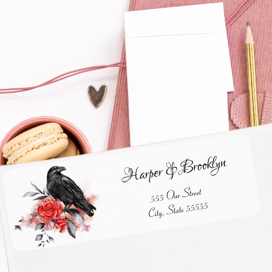 Étiquette Aquarelle Moderne Gothique Corbeau Noir Rose Rouge