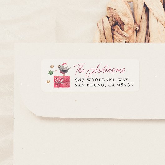 Étiquette Aquarelle Noël Oiseau & Cadeau