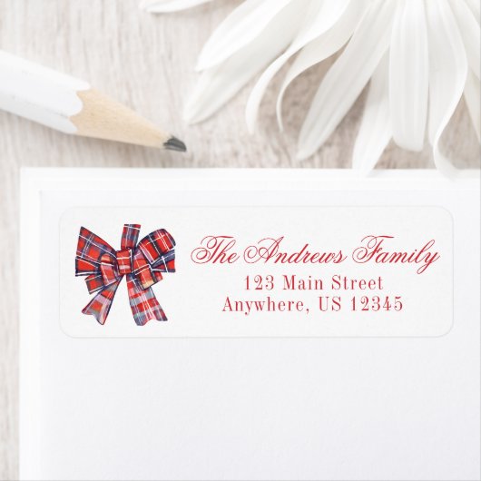Étiquette Aquarelle Noël Rouge Tartan Plaid Bow (En situation)