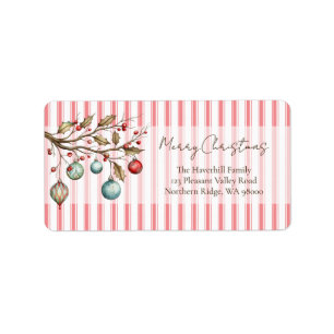 Étiquette Aquarelle Ornements de Noël Pink Stripes
