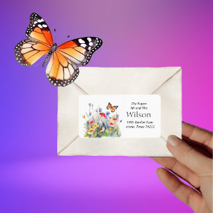 Étiquette Aquarelle Papillon et Fleur sauvage Adresse de ret