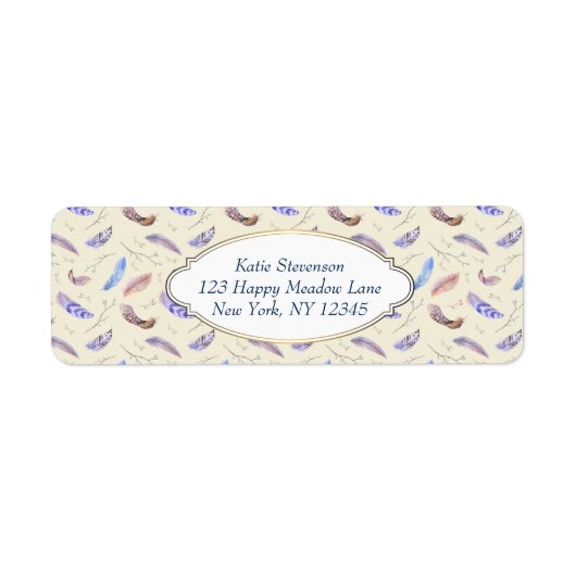 Étiquette Aquarelle Plumes Feuilles et Branches Motif (Devant)