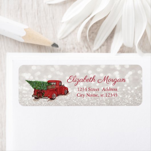 Étiquette Aquarelle Red Truck Pine Tree, Glitter Bokeh (En situation)