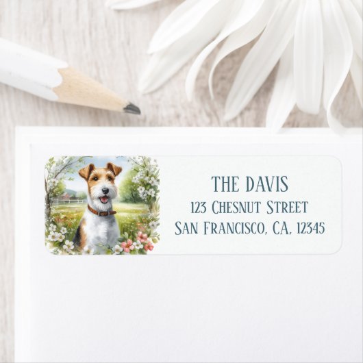 Étiquette Aquarelle Ressort Champ de fleurs Fox Terrier - (En situation)