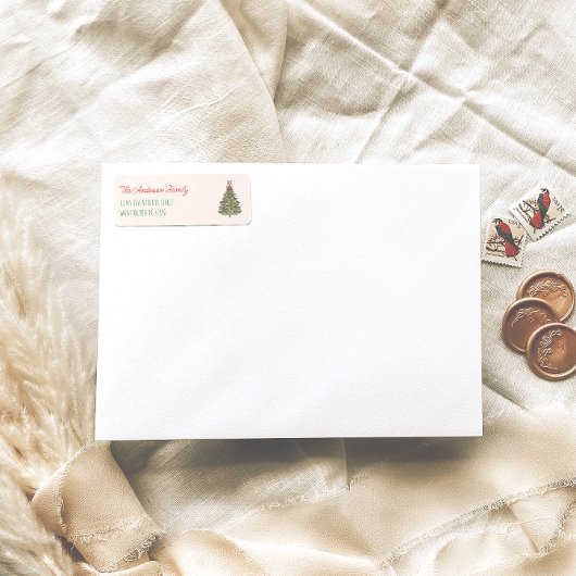 Étiquette Aquarelle rétro Rouge Vert sapin de Noël