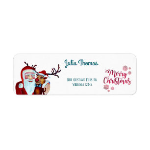 Étiquette Aquarelle rire Père Noël Rudolf Sourire