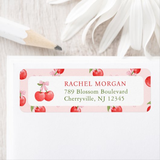 Étiquette Aquarelle Rouge rose Bow Cherry Retourner l'étique (En situation)