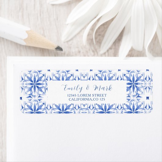 Étiquette Aquarelle Santorini Grèce mariage adresse de retou (En situation)