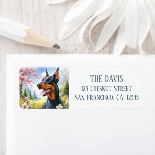 Étiquette Aquarelle Springtime Champ de fleurs Doberman - (En situation)