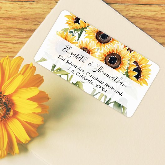 Étiquette Aquarelle stylée Tournesol Floral & Nom du script