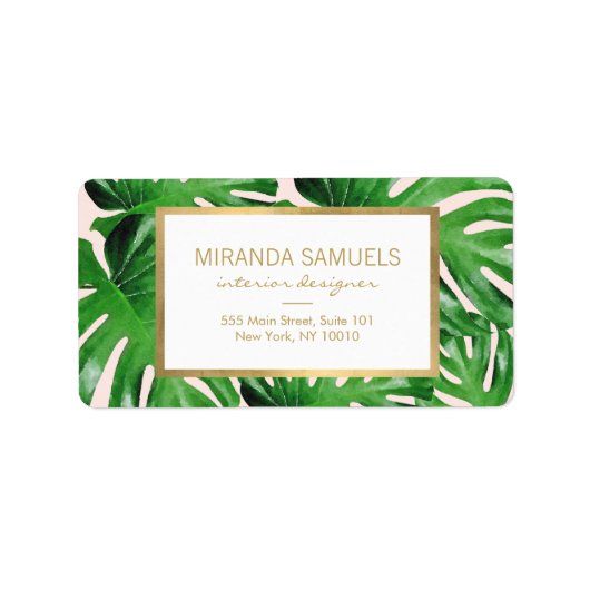 Étiquette Aquarelle Tropical Monstera Feuille Motif rose (Devant)