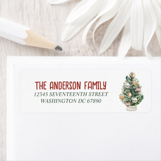 Étiquette Aquarelle Vert Ornements Arbre Joyeux Noël (En situation)