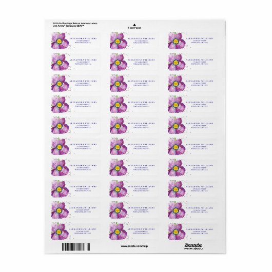 Étiquette Aquarelle violette Fleur d'anémone Parties scintil (Feuille entière)