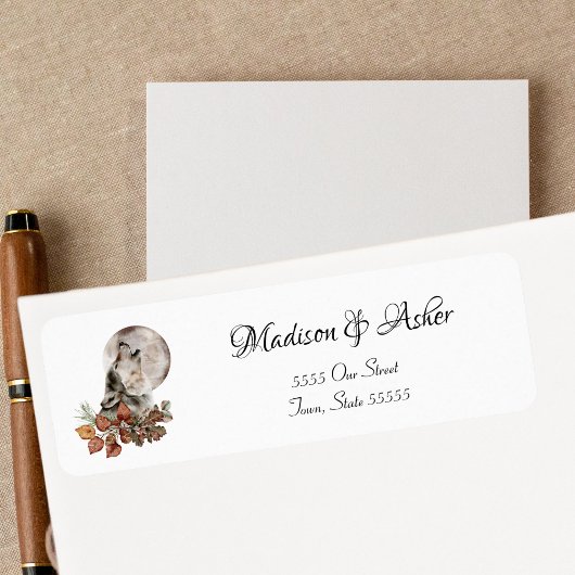 Étiquette Aquarelle Wolf hurlant à la lune Leaves d'automne