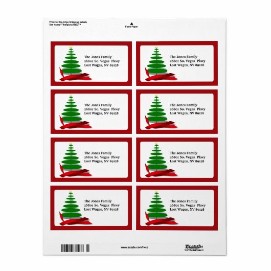 Étiquette Arbre de Noël avec ruban rouge (Feuille entière)