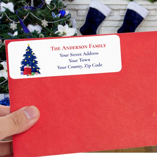 Étiquette Arbre de Noël bleu moderne Rouge Père Noël Nom du 