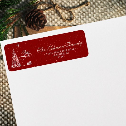 Étiquette Arbre de Noël écriture festive rouge adresse de re